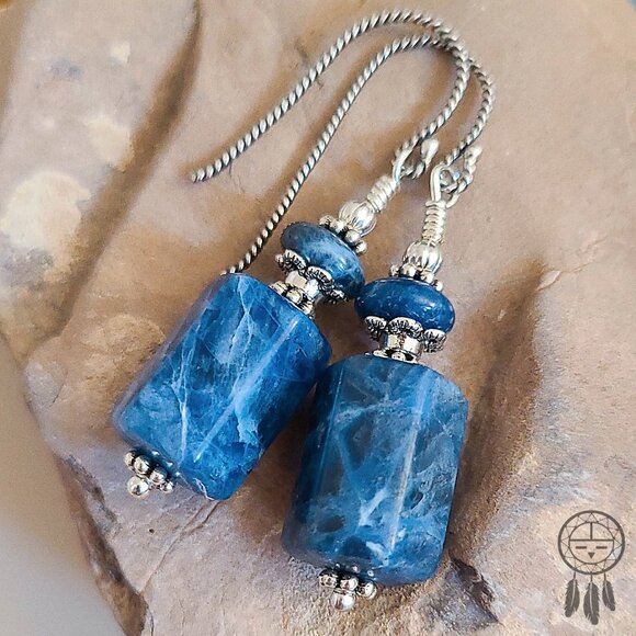 Blue Sodalite Earrings Sterling Silver Hooks Vintage Stock - Picture 2 of 12